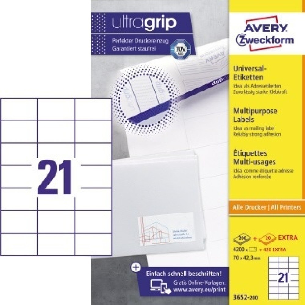 Produktabbildung: Avery Zweckform Etikett 3652-200 70x42,3mm weiß 4.200 St./Pack.