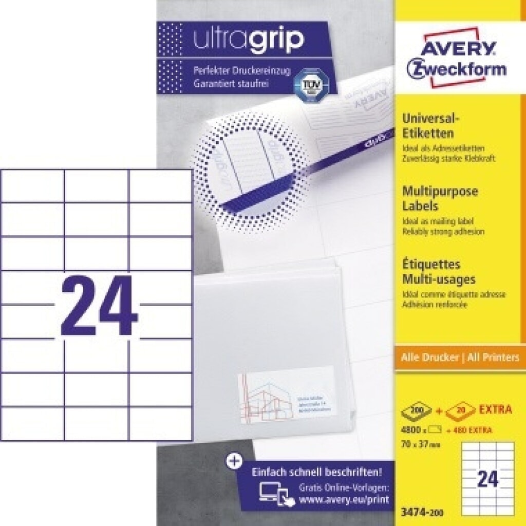 Avery Zweckform Etikett 3474-200 70x37mm weiß 4.800 St./Pack. Produktabbildung: Avery Zweckform Etikett 3474-200 70x37mm weiß 4.800 St./Pack.