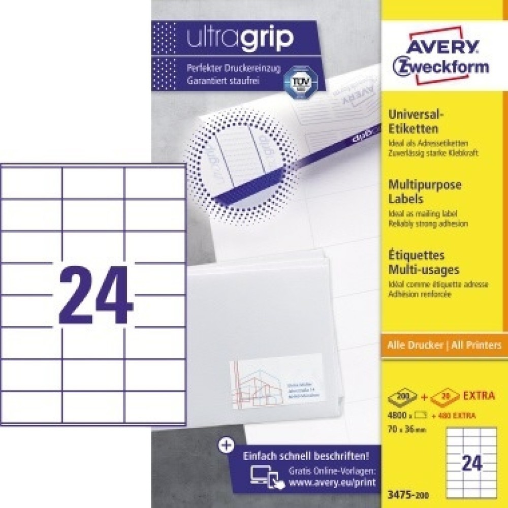 Produktabbildung: Avery Zweckform Etikett 3475-200 70x36mm weiß 4.800 St./Pack.