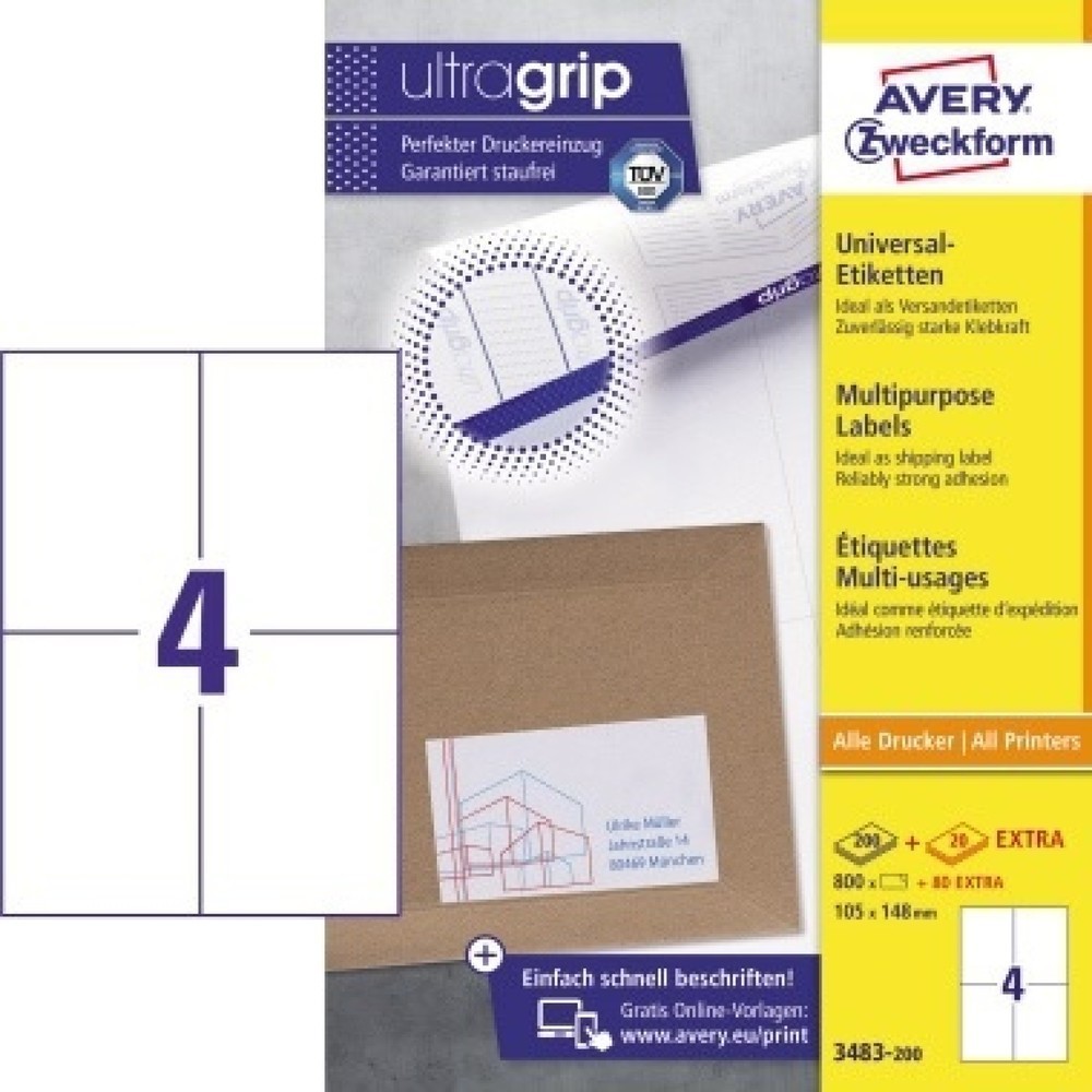 Produktabbildung: Avery Zweckform Etikett 3483-200 105x148mm weiß 800 St./Pack.