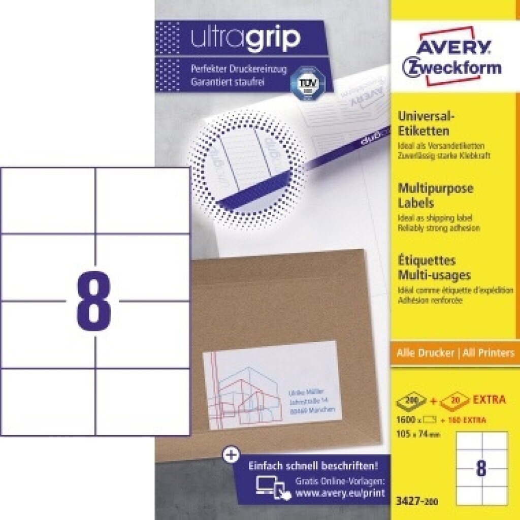 Produktabbildung: Avery Zweckform Etikett 3427-200 105x74mm weiß 1.600 St./Pack.