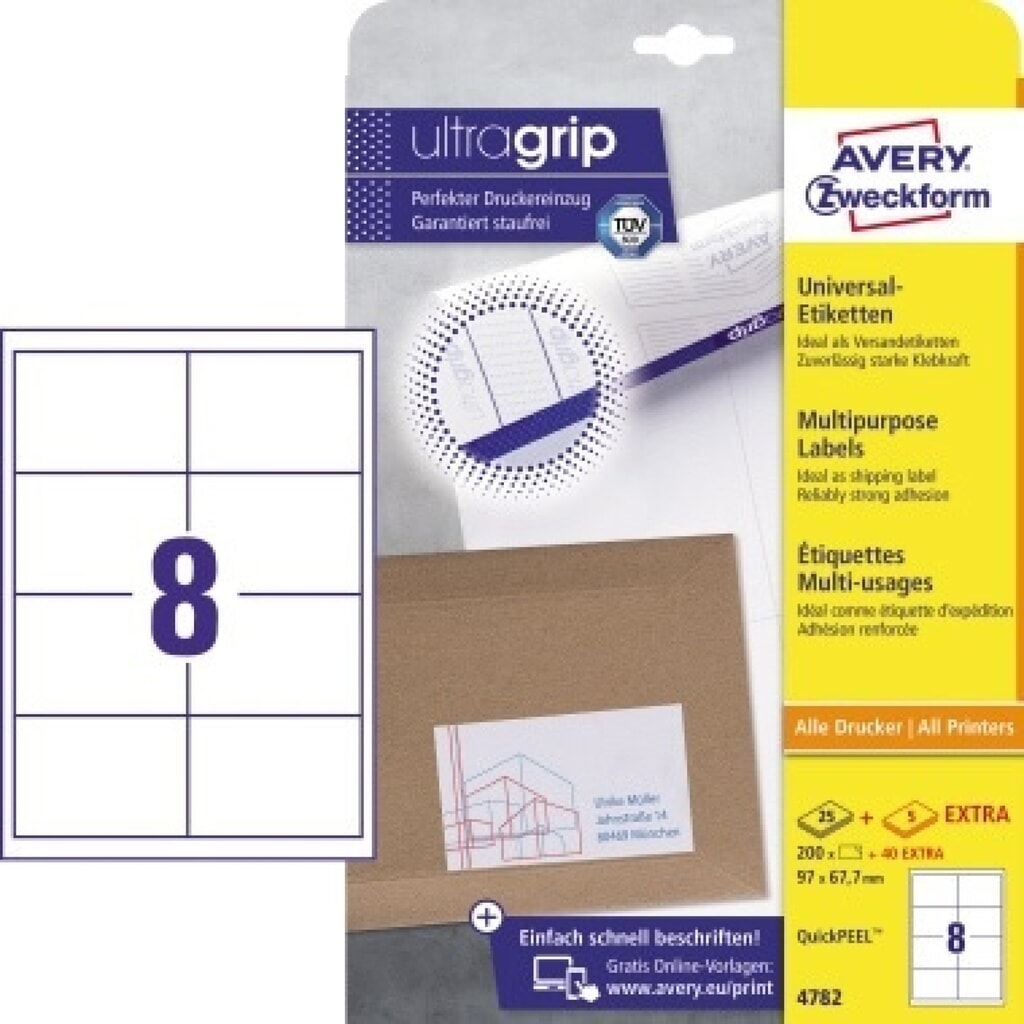 Avery Zweckform Universaletikett 4782 97x67,7mm weiß 200 St./Pack. Produktabbildung: Avery Zweckform Universaletikett 4782 97x67,7mm weiß 200 St./Pack.