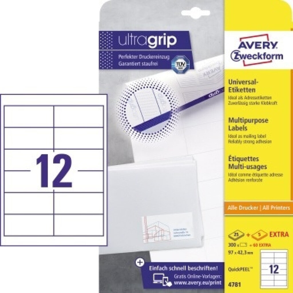 Avery Zweckform Universaletikett 4781 97x42,3mm weiß 300 St./Pack. Produktabbildung: Avery Zweckform Universaletikett 4781 97x42,3mm weiß 300 St./Pack.