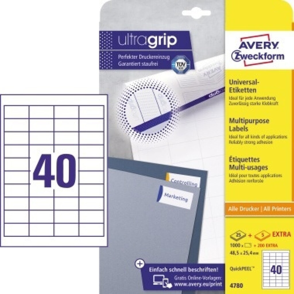 Avery Zweckform Universaletikett 4780 48,5x25,4mm ws 1.000 St./Pack. Produktabbildung: Avery Zweckform Universaletikett 4780 48,5x25,4mm ws 1.000 St./Pack.