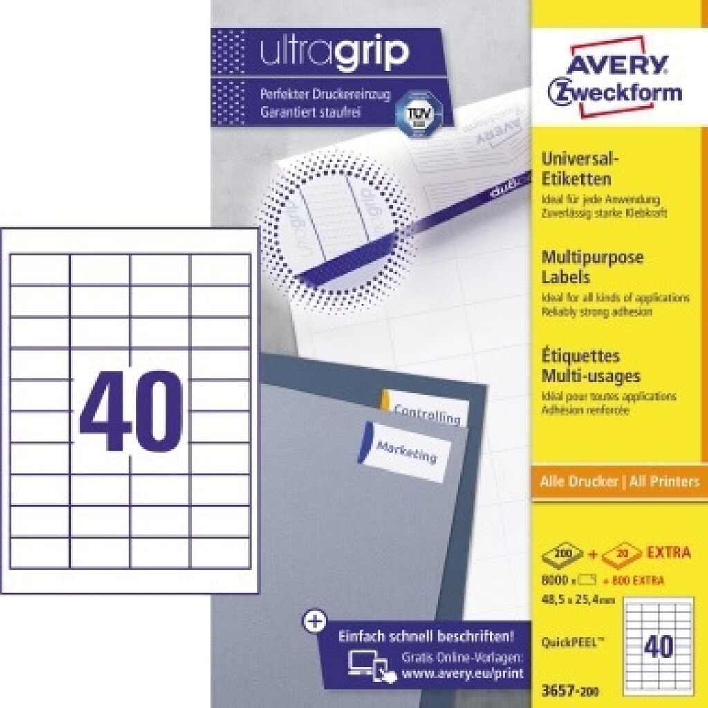 Avery Zweckform Etikett 3657-200 48,5x25,4mm weiß 8.000 St./Pack. Produktabbildung: Avery Zweckform Etikett 3657-200 48,5x25,4mm weiß 8.000 St./Pack.