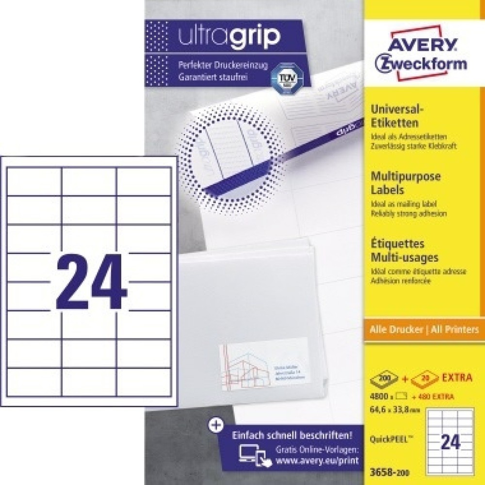 Produktabbildung: Avery Zweckform Etikett 3658-200 64,6x33,8mm weiß 4.800 St./Pack.