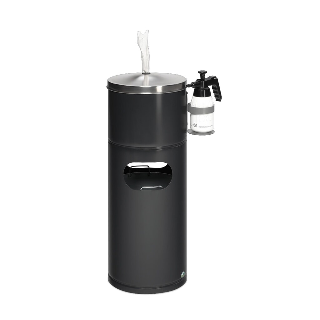 Desinfektionsstation für VAR®, Papiertücher, mit Flaschenhalter und Inneneinsatz, pulverbeschichtet Produktabbildung: Desinfektionsstation für VAR®, Papiertücher, mit Flaschenhalter und Inneneinsatz, pulverbeschichtet