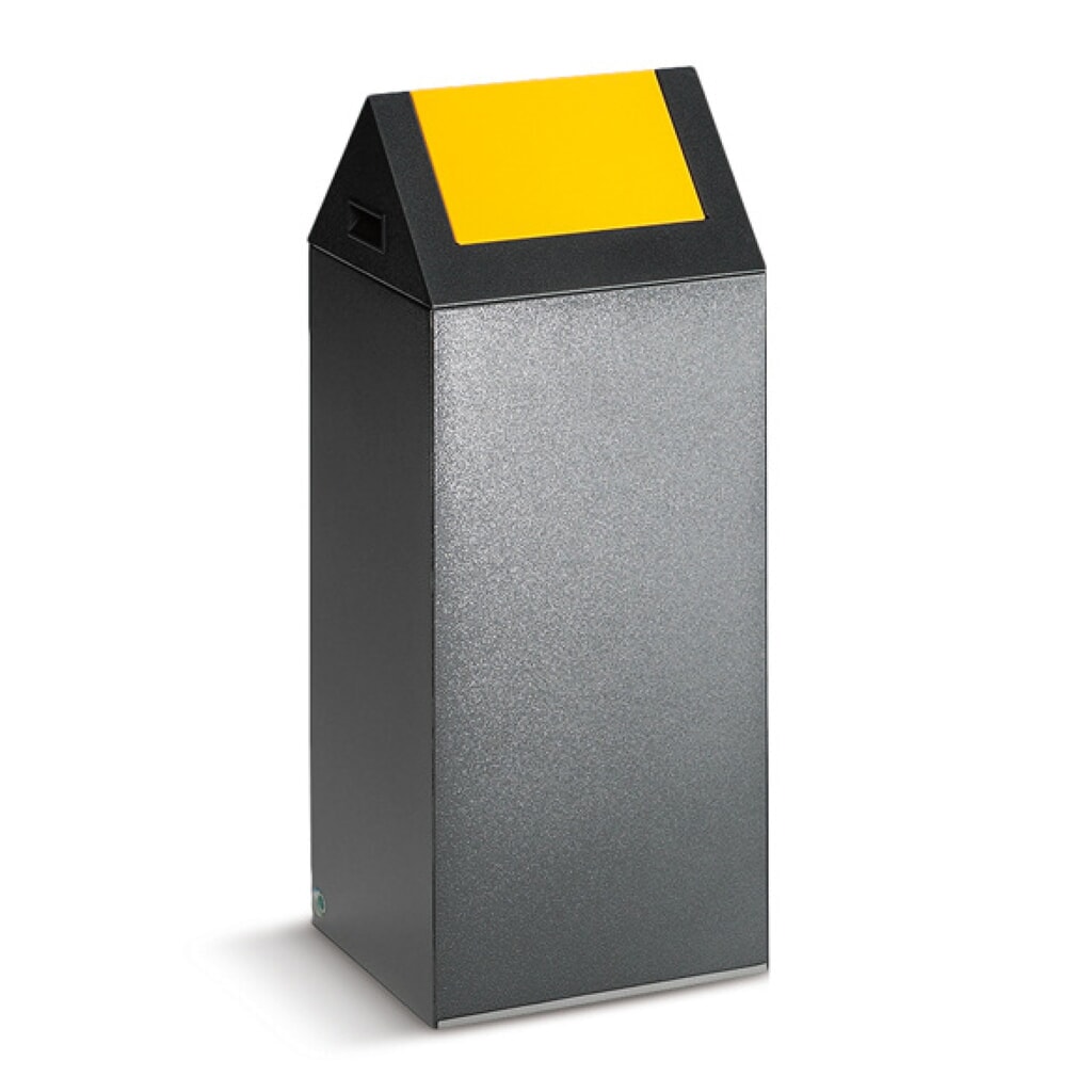 VAR® Wertstoffsammler, 60 Liter, selbstlöschend, Korpus antik-silber, Deckel eckig/gelb Produktabbildung: VAR® Wertstoffsammler, 60 Liter, selbstlöschend, Korpus antik-silber, Deckel eckig/gelb