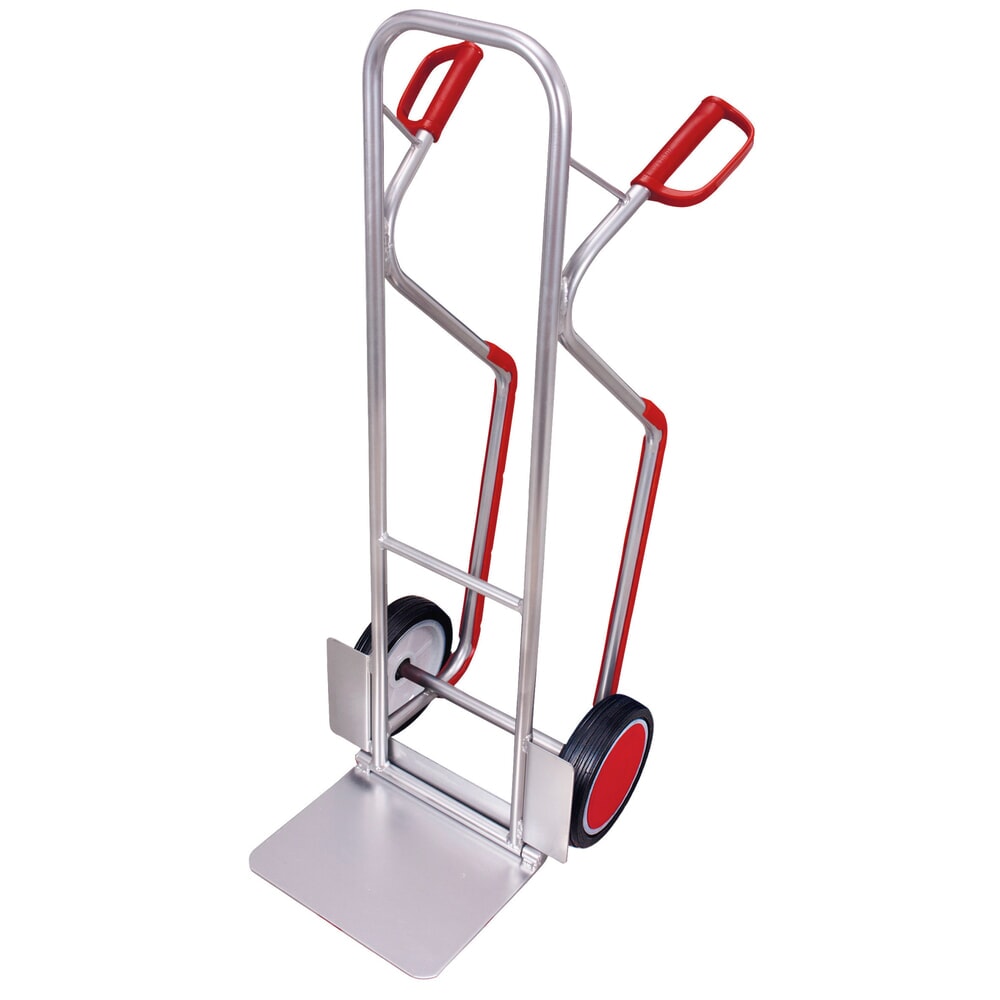 Produktabbildung: VARIOfit® Sackkarre aus Aluminium mit auswechselbaren Gleitkufen, abklappbarer Schaufel, Tragkraft 200kg, Schaufel BxT 380 x 280 mm, Vollgummi-Bereifung, ohne Halterung