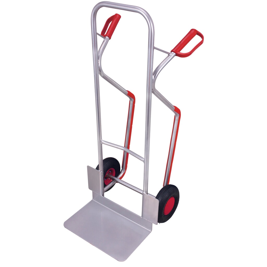 Produktabbildung: VARIOfit® Sackkarre aus Aluminium mit auswechselbaren Gleitkufen, Tragkraft 200 kg, Schaufel BxT 480 x 300 mm, Luft-Bereifung, ohne Halterung