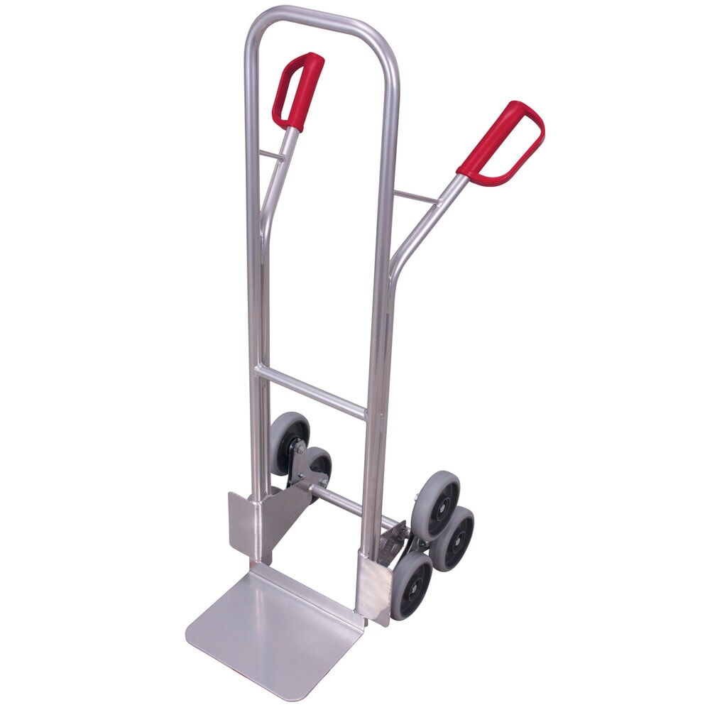 Produktabbildung: VARIOfit® Treppen-Sackkarre aus Aluminium, Tragkraft 200 kg, 3-armiger Radstern, Schaufel BxT 320 x 245 mm, Thermoplastische-Bereifung