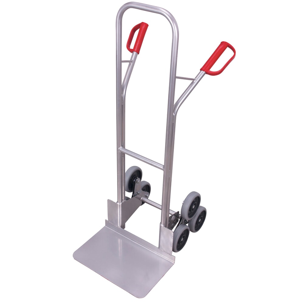 Produktabbildung: VARIOfit® Treppen-Sackkarre aus Aluminium, Tragkraft 200 kg, 3-armiger Radstern, Schaufel BxT 480 x 295 mm, Thermoplastische-Bereifung