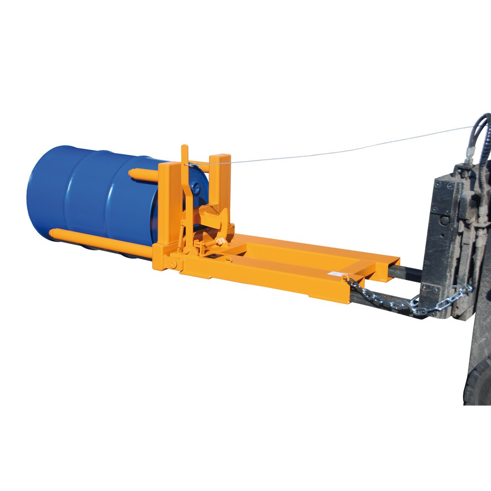 Productafbeelding nr. 2: Bauer® vatgrijper FW-I voor 200‑liter stalen sponvaten en rolrandvaten, vatkanteling, heftruckaanbouw, gelakt, geeloranje