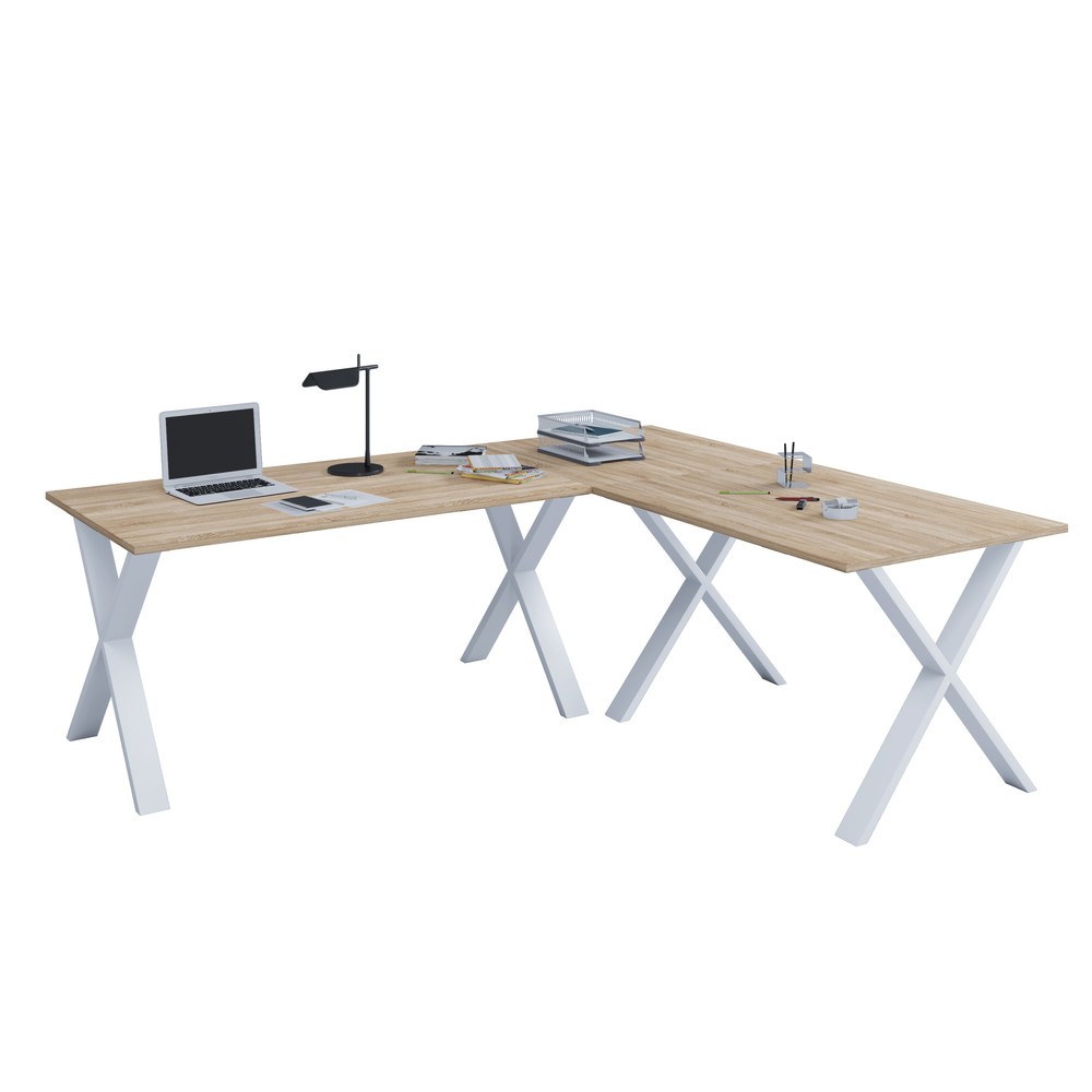 Produktabbildung: VCM Büro-Eckschreibtisch Lona, X-Fußgestell, Tischplatten BxT 1.900 x 800 und 1.600 x 800 mm, Sonoma-Eiche