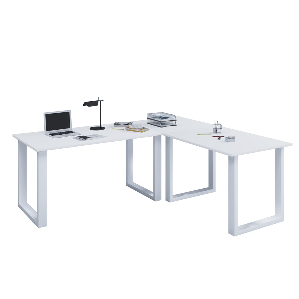 Produktabbildung: VCM Büro-Eckschreibtisch Lona, U-Fußgestell, BxT 1.600 x 800 und 1.600 x 800 mm, weiß