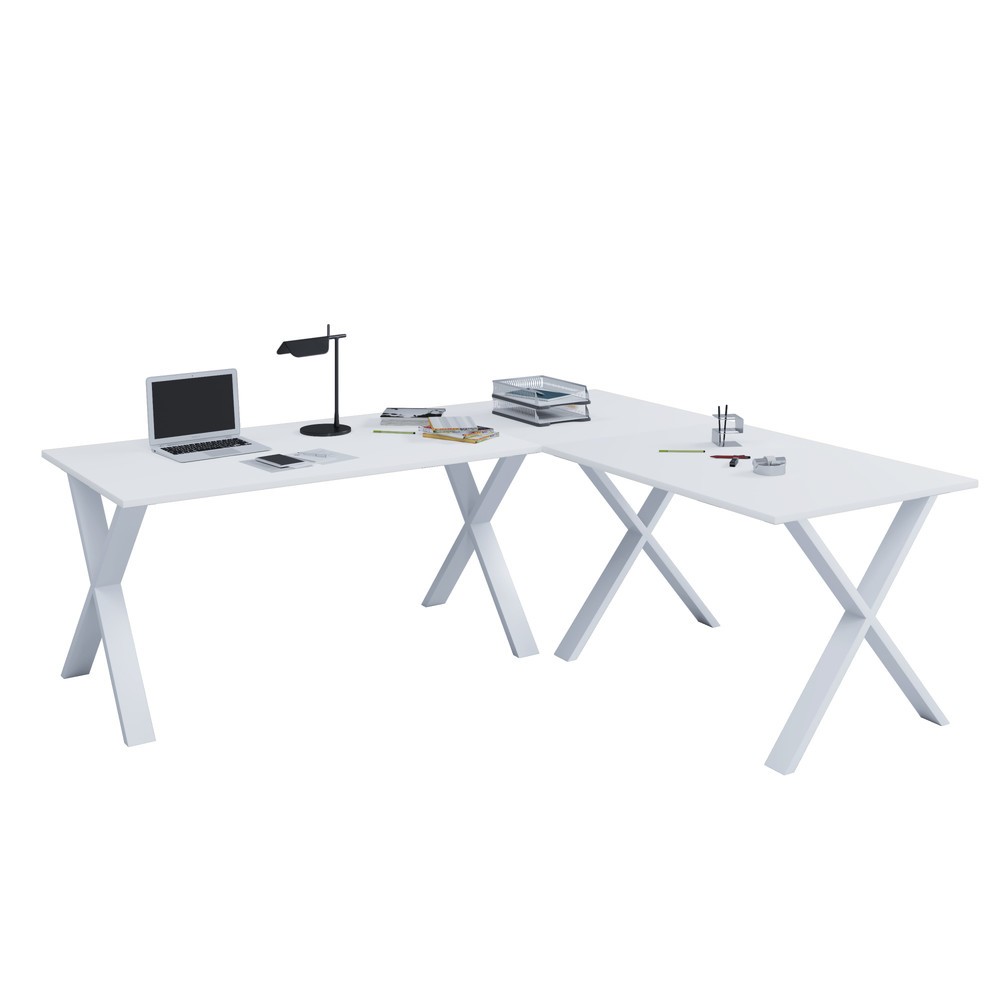 Produktabbildung: VCM Büro-Eckschreibtisch Lona, X-Fußgestell, Tischplatten BxT 2.200 x 800 und 1.900 x 800 mm, weiß