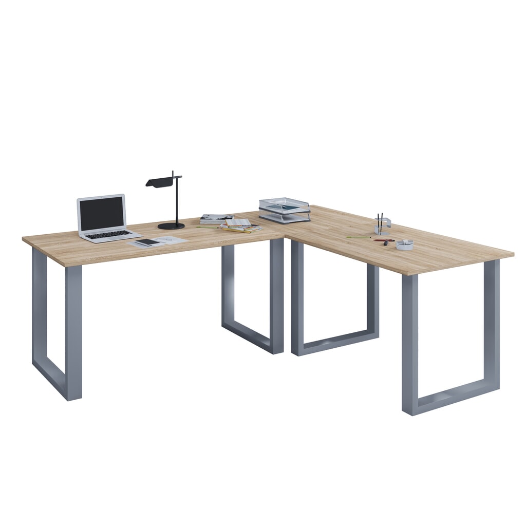 VCM Büro-Eckschreibtisch Lona, U-Fußgestell, Tischplatten BxT 1.100 x 800 und 1.100 x 800 mm, Sonoma-Eiche/silber Produktabbildung: VCM Büro-Eckschreibtisch Lona, U-Fußgestell, Tischplatten BxT 1.100 x 800 und 1.100 x 800 mm, Sonoma-Eiche/silber