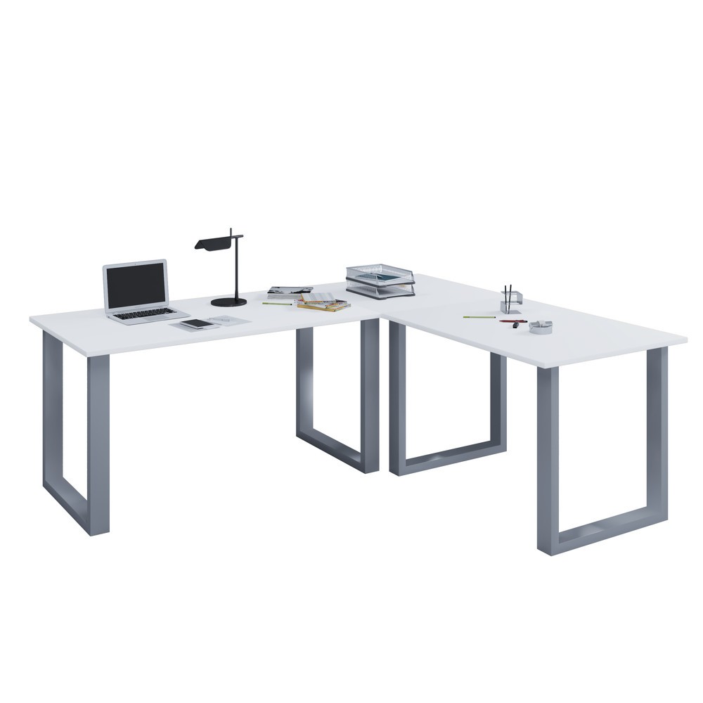 Produktabbildung: VCM Büro-Eckschreibtisch Lona, U-Fußgestell, Tischplatten BxT 1.400 x 800 und 1.100 x 800 mm, weiß/silber