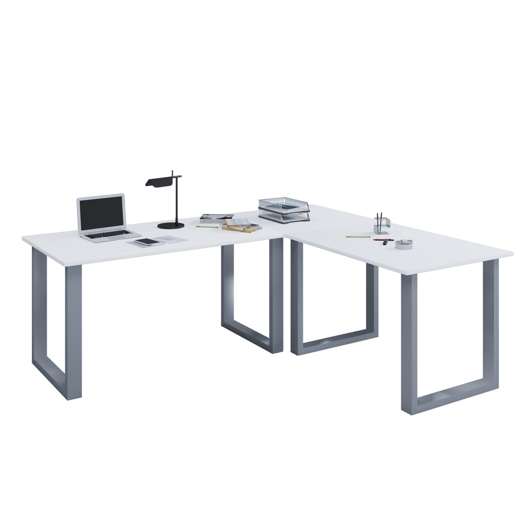 VCM Büro-Eckschreibtisch Lona, U-Fußgestell, Tischplatten BxT 1.400 x 800 und 1.100 x 800 mm, weiß/silber Produktabbildung: VCM Büro-Eckschreibtisch Lona, U-Fußgestell, Tischplatten BxT 1.400 x 800 und 1.100 x 800 mm, weiß/silber