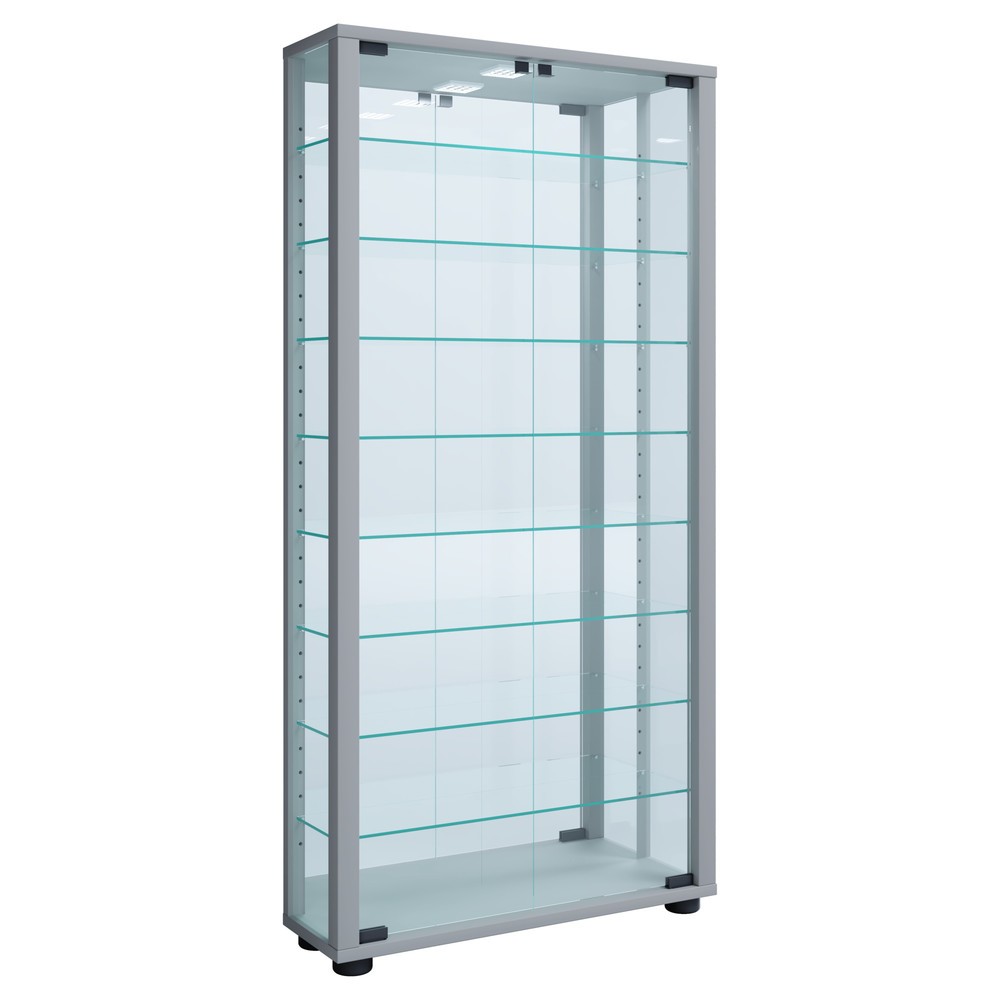 Produktabbildung Nr. 1: VCM Standvitrine Lumo Maxi mit Spiegel, inkl. LED-Beleuchtung, silber