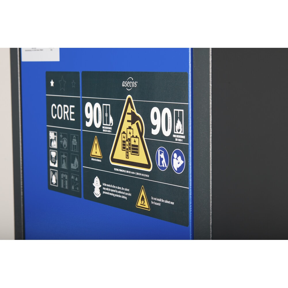 Productafbeelding nr. 5: asecos® accu-veiligheidskast type 90 voor Lithium-ion batterijen ION-CORE-CHARGE, hxbxd 1.953 x 599 x 615 mm, 4x geïsoleerde legborden, 2x contactdooslijst (EU-versie), 1x bodemlekbak