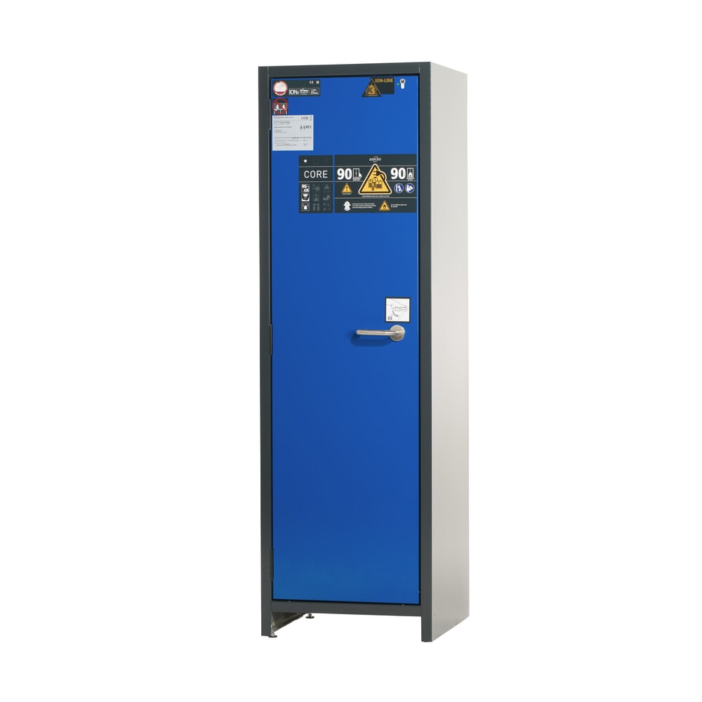 Product afbeelding: asecos® accu-veiligheidskast type 90 voor lithium-ion batterijen ION-CORE-STORE, hxbxd 1.953 x 599 x 615 mm, 3x geïsoleerde legborden, 1x bodemlekbak