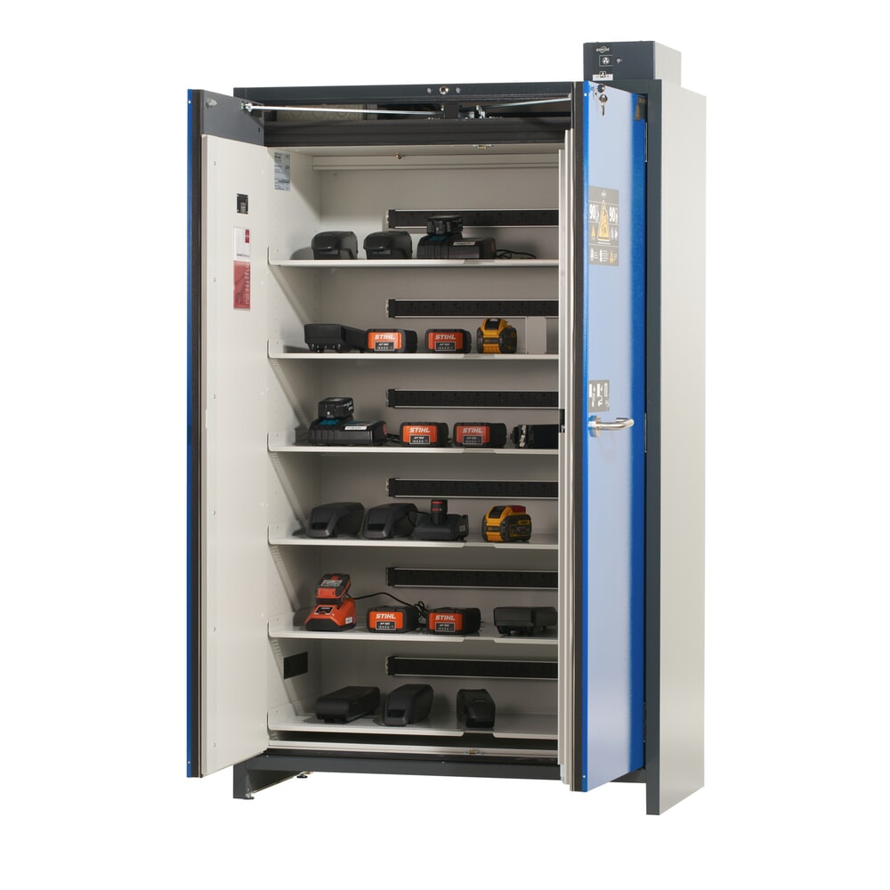 Productafbeelding nr. 6: asecos® accu-veiligheidskast type 90 voor Lithium-ion batterijen ION-PRO-CHARGE, hxbxd 2.224 x 1.193 x 615 mm, 6x geïsoleerde legborden, 6x contactdooslijst (EU-versie), 1x bodemlekbak