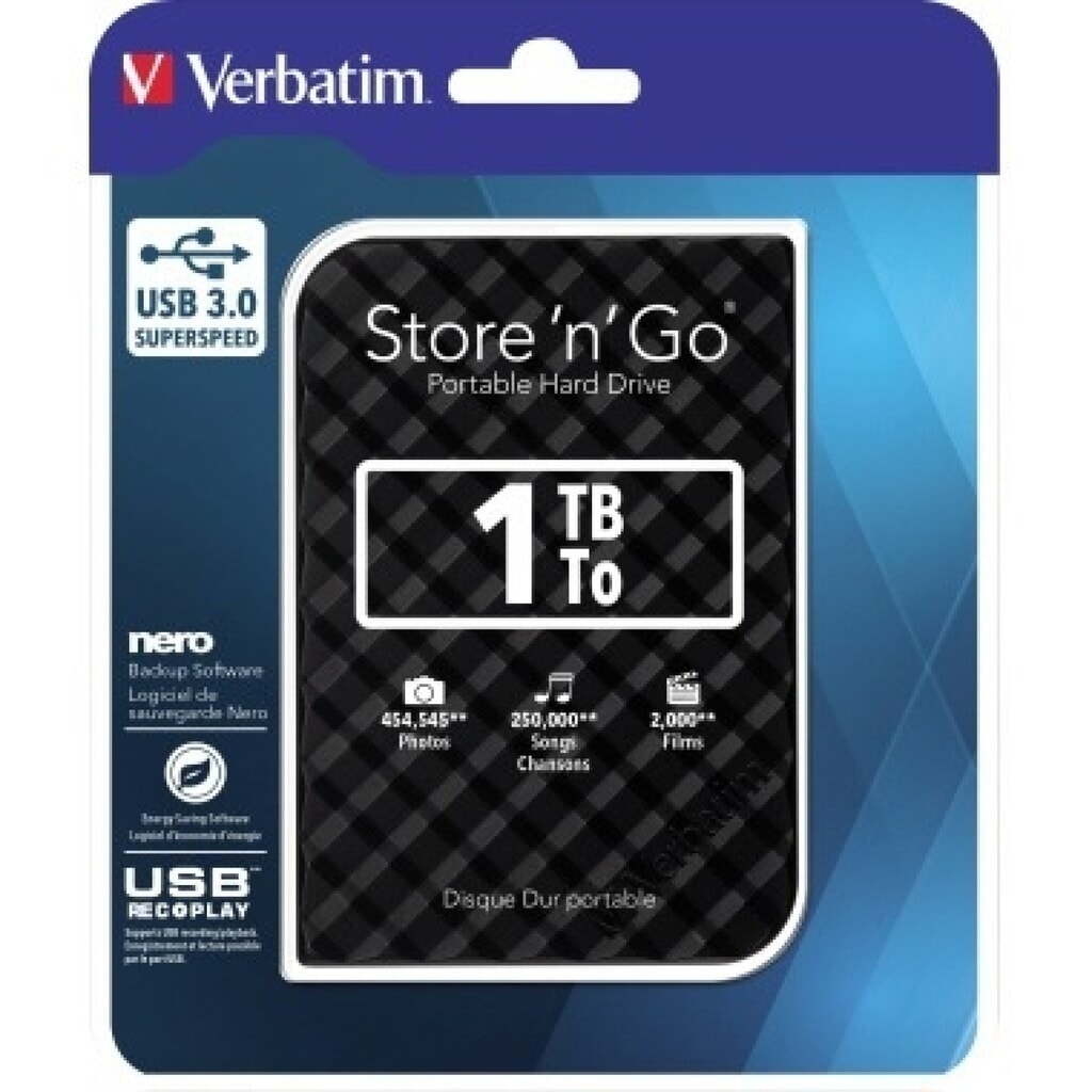 Verbatim Festplatte Store n Go 53194 USB 3.0 1TB schwarz Produktabbildung Nr. 1: Verbatim Festplatte Store n Go 53194 USB 3.0 1TB schwarz