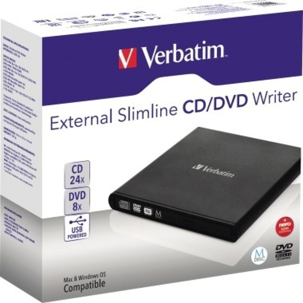 Verbatim DVD Brenner 98938 USB 2.0 6x/8x/24x extern schwarz Produktabbildung: Verbatim DVD Brenner 98938 USB 2.0 6x/8x/24x extern schwarz