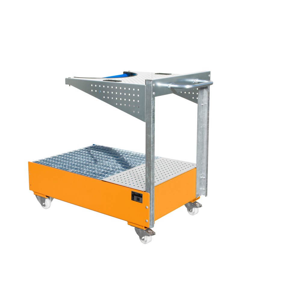 Product afbeelding: Bauer® lekbak van staal LPW, verrijdbaar, inclusief geperforeerde plaatbeugel en bevestigingsband, geel-oranje