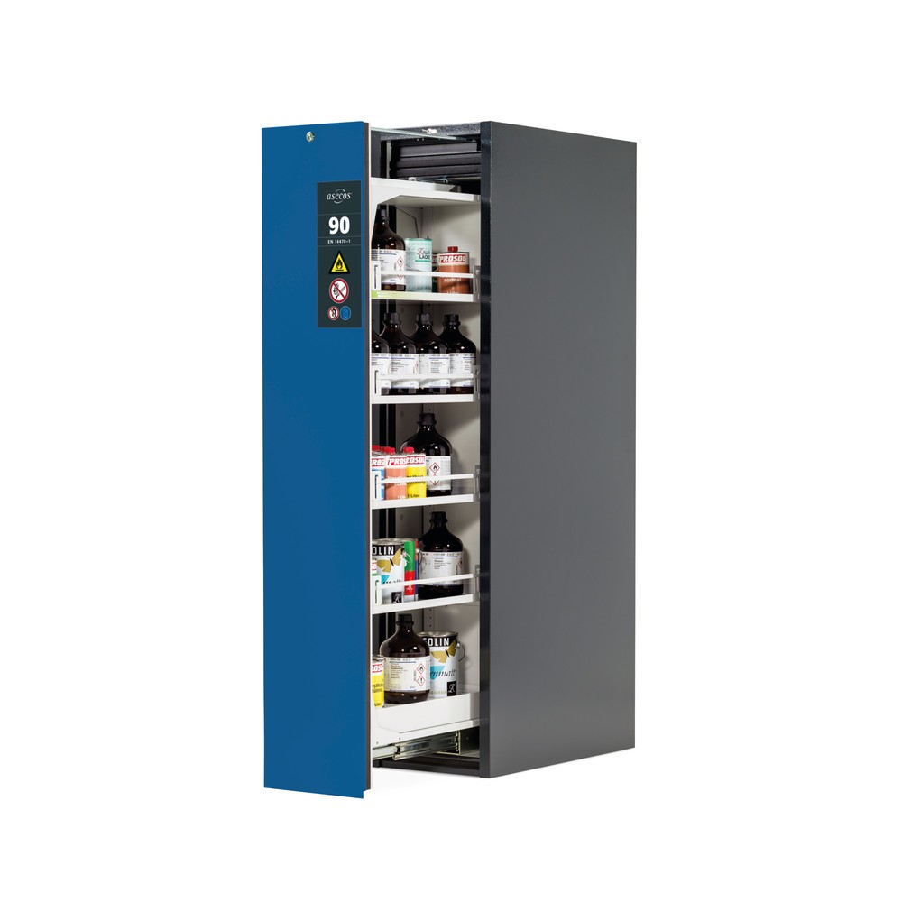 Product afbeelding: asecos® brandveiligheidskast V-MOVE-90 met verticale uittrekfunctie, hxbxd 1.966 x 449 x 860 mm, antraciet, gentiaanblauw