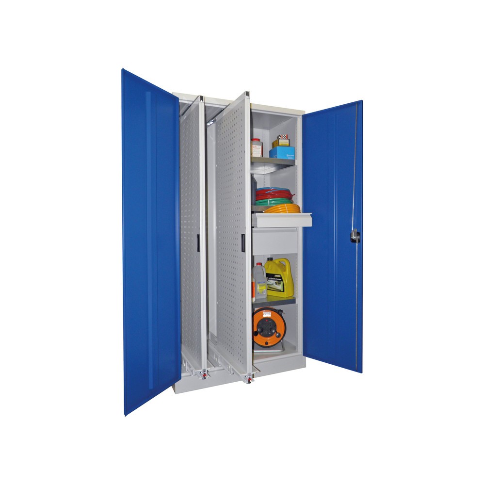 Product afbeelding: Verticaal uitschuifbare kast PAVOY met scheidingswand + 2 uitschuifbare geperforeerde wanden + 3 legborden + 2 laden, antracietgrijs, antracietgrijs