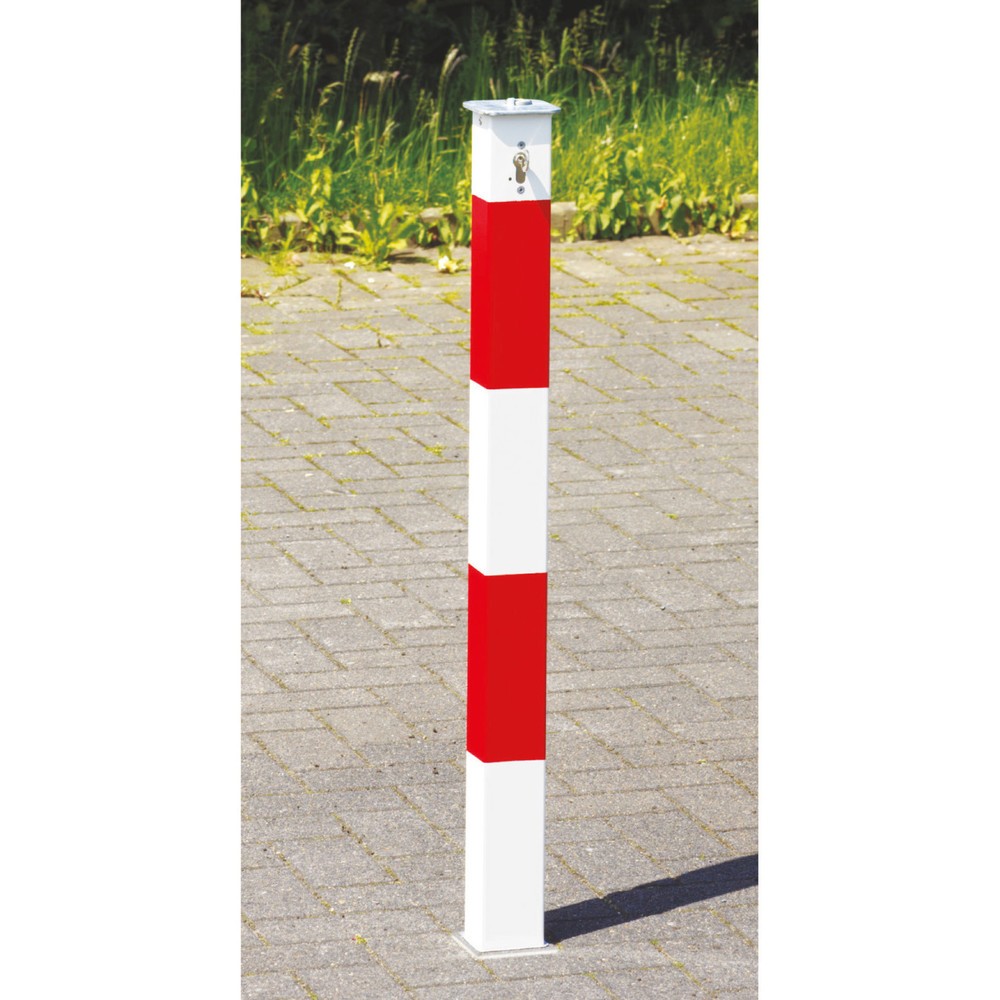 Productafbeelding nr. 1: Afzetpaal van aluminium, verzinkbaar 70 x 70 mm, staand afsluitbaar, rood/wit