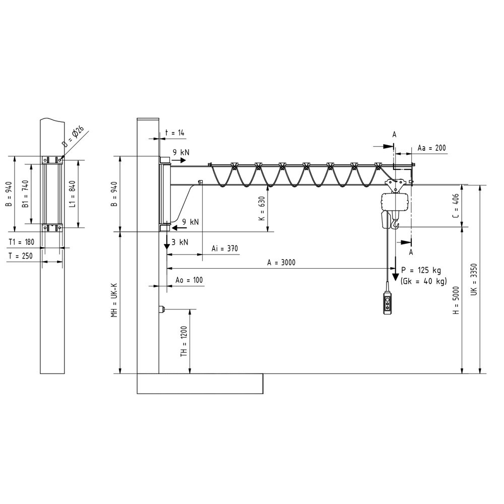 N° de l'image du produit 2 : VETTER® Potence, palan électrique à chaîne LIFTKET compris, version murale, construction basse, portée 3 000 mm, capacité de charge 125 kg