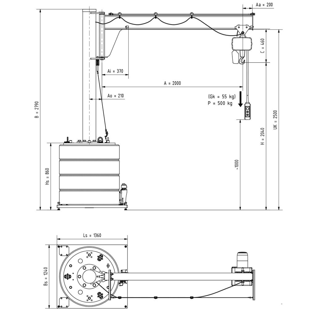 Produktabbildung Nr. 3: VETTER® Schwenkkran inkl. LIFTKET Elektrokettenzug, Schwenkbereich 270°, Ausladung 2.000 mm, TK 500 kg