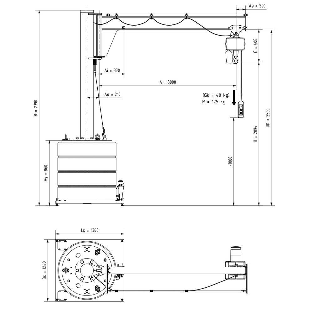 Produktabbildung Nr. 2: VETTER® Schwenkkran inkl. LIFTKET Elektrokettenzug, Schwenkbereich 270°, Ausladung 5.000 mm, TK 125 kg