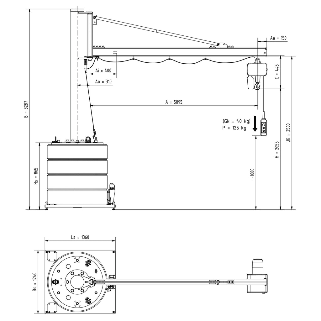 VETTER® Schwenkkran inkl. LIFTKET Elektrokettenzug, Schwenkbereich 270°, Ausladung 5.900 mm, TK 125 kg Produktabbildung Nr. 3: VETTER® Schwenkkran inkl. LIFTKET Elektrokettenzug, Schwenkbereich 270°, Ausladung 5.900 mm, TK 125 kg
