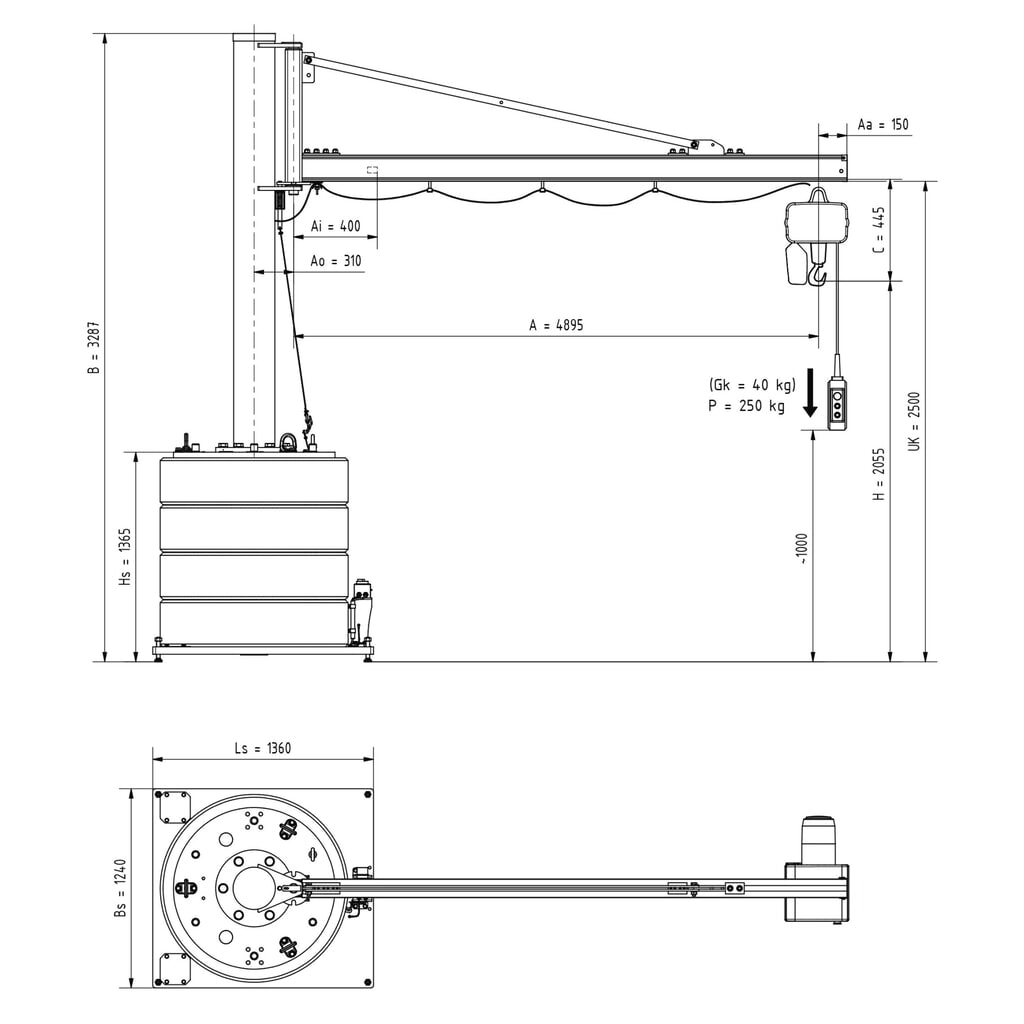 VETTER® Schwenkkran inkl. LIFTKET Elektrokettenzug, Schwenkbereich 270°, Ausladung 4.900 mm, TK 250 kg Produktabbildung Nr. 3: VETTER® Schwenkkran inkl. LIFTKET Elektrokettenzug, Schwenkbereich 270°, Ausladung 4.900 mm, TK 250 kg
