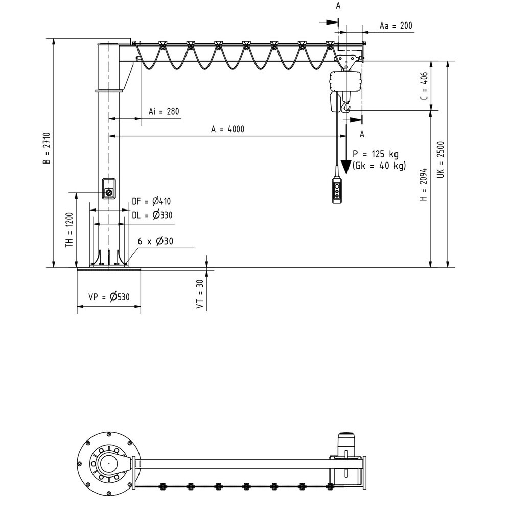 Produktabbildung Nr. 3: VETTER® Schwenkkran inkl. LIFTKET Elektrokettenzug, Säulenausführung, 360° Schwenkbereich, Ausladung 4.000 mm, TK 125 kg