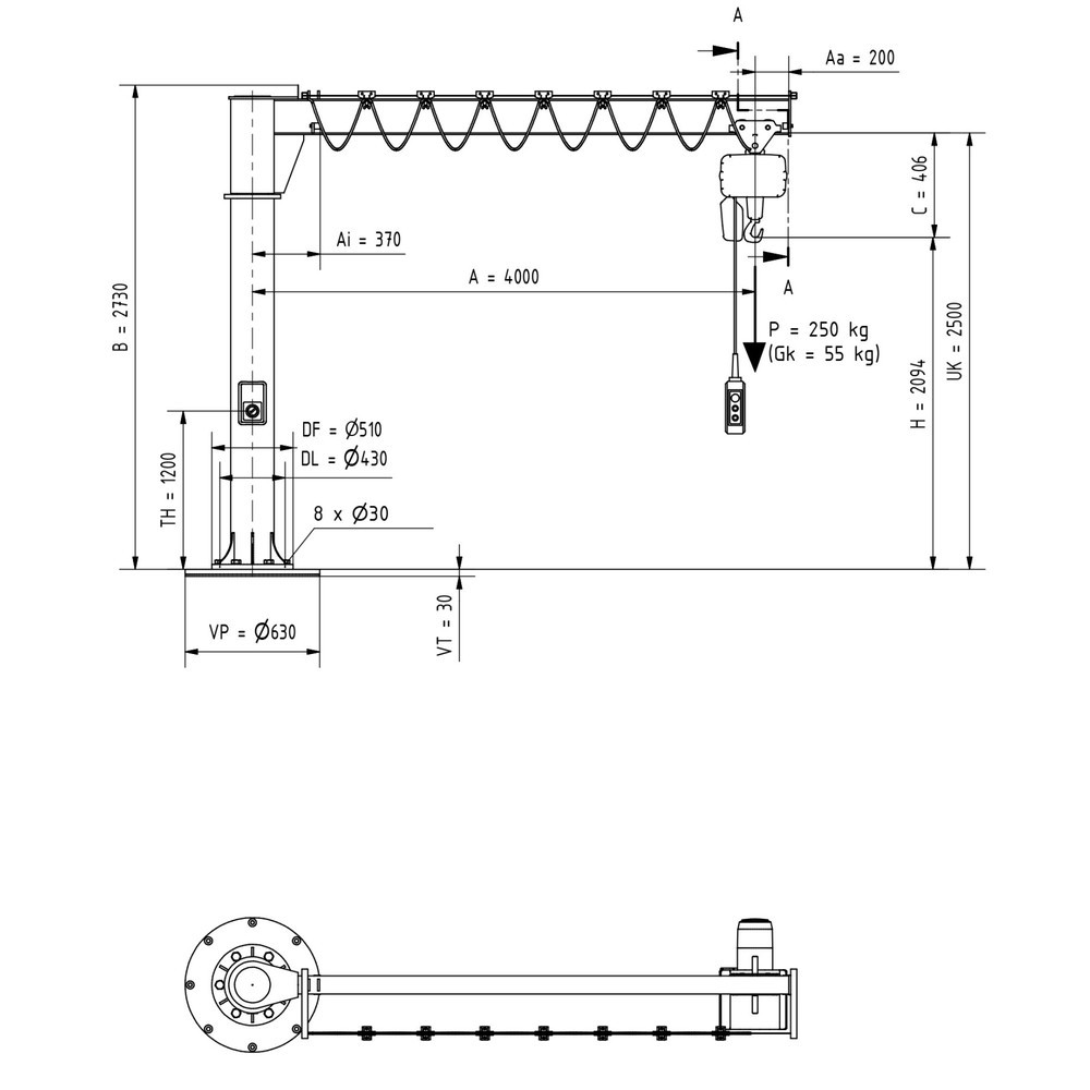 Produktabbildung Nr. 2: VETTER® Schwenkkran inkl. LIFTKET Elektrokettenzug, Säulenausführung, 360° Schwenkbereich, Ausladung 4.000 mm, TK 250 kg