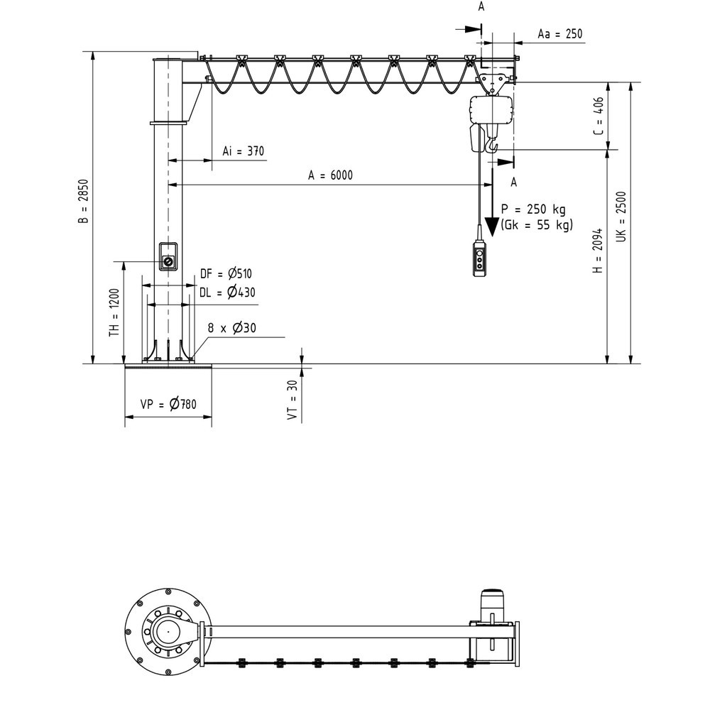 Produktabbildung Nr. 3: VETTER® Schwenkkran inkl. LIFTKET Elektrokettenzug, Säulenausführung, 360° Schwenkbereich, Ausladung 6.000 mm, TK 250 kg