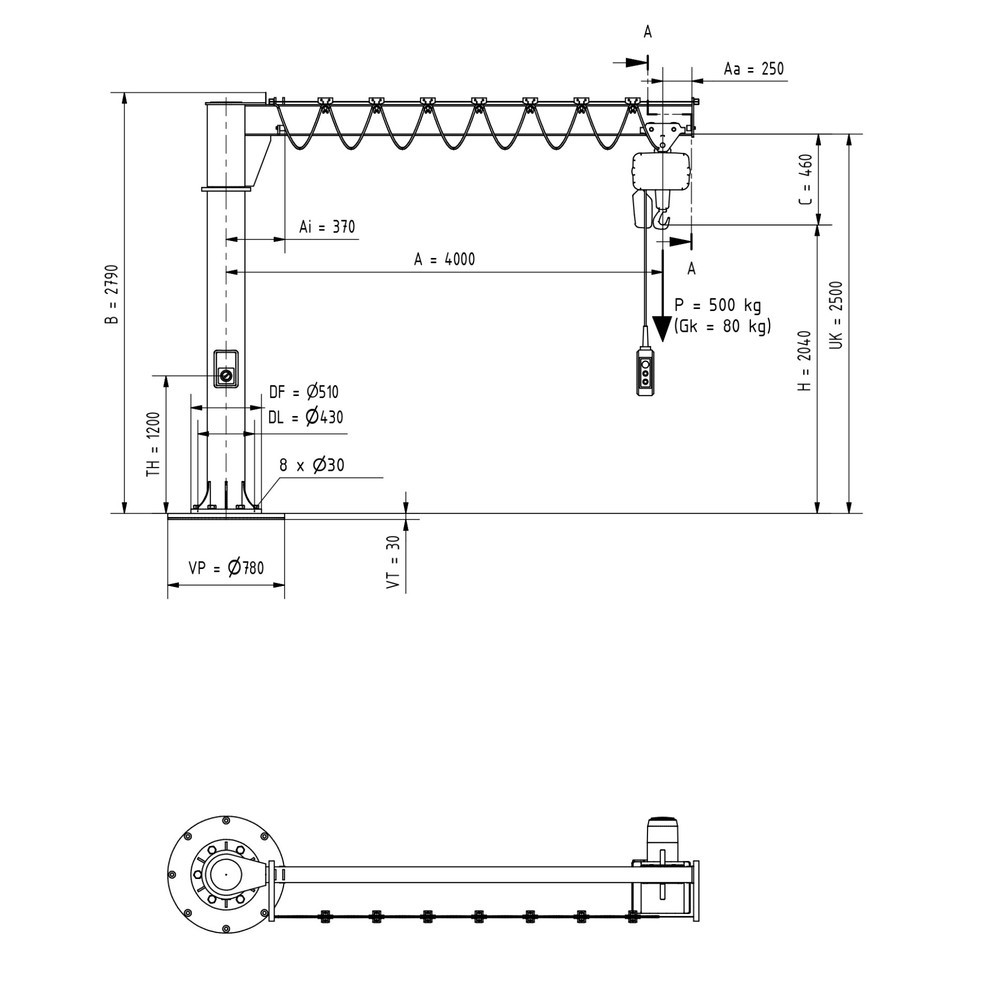 Produktabbildung Nr. 2: VETTER® Schwenkkran inkl. LIFTKET Elektrokettenzug, Säulenausführung, 360° Schwenkbereich, Ausladung 4.000 mm, TK 500 kg