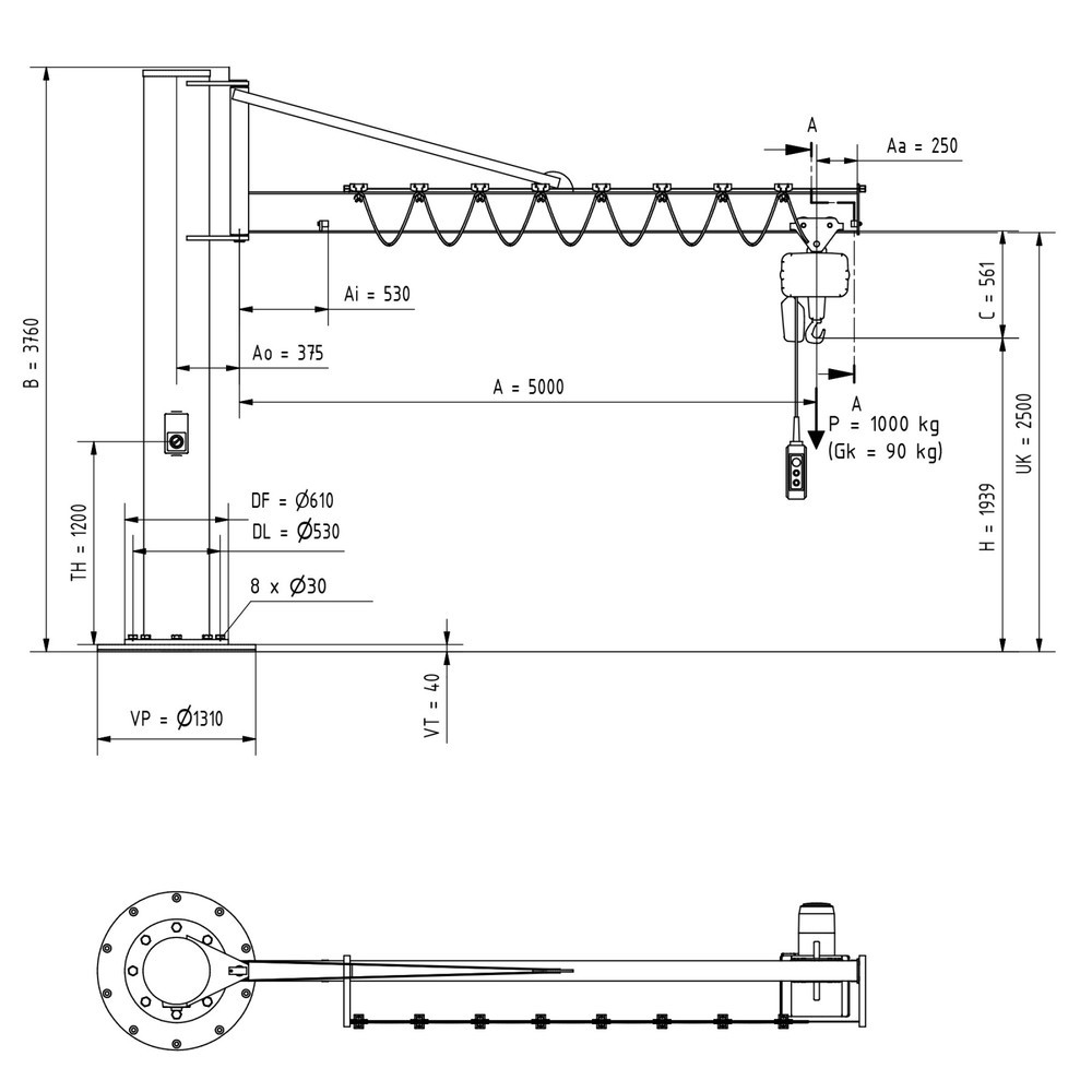 Produktabbildung Nr. 2: VETTER® Schwenkkran inkl. LIFTKET Elektrokettenzug, Säulenausführung mit Abspannung, inkl. Befestigungsmaterial, Ausladung 5.000 mm, TK 1.000 kg