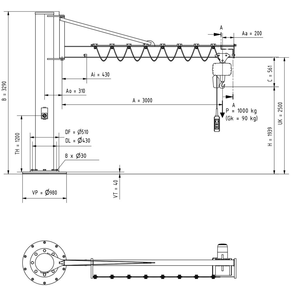 Produktabbildung Nr. 2: VETTER® Schwenkkran inkl. LIFTKET Elektrokettenzug, Säulenausführung mit Abspannung, inkl. Befestigungsmaterial, Ausladung 3.000 mm, TK 1.000 kg