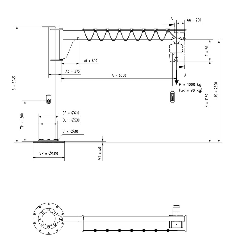 Produktabbildung Nr. 3: VETTER® Schwenkkran inkl. LIFTKET Elektrokettenzug, Säulenausführung, niedrigbauend, inkl. Befestigungsmaterial, Ausladung 6.000 mm, TK 1.000 kg