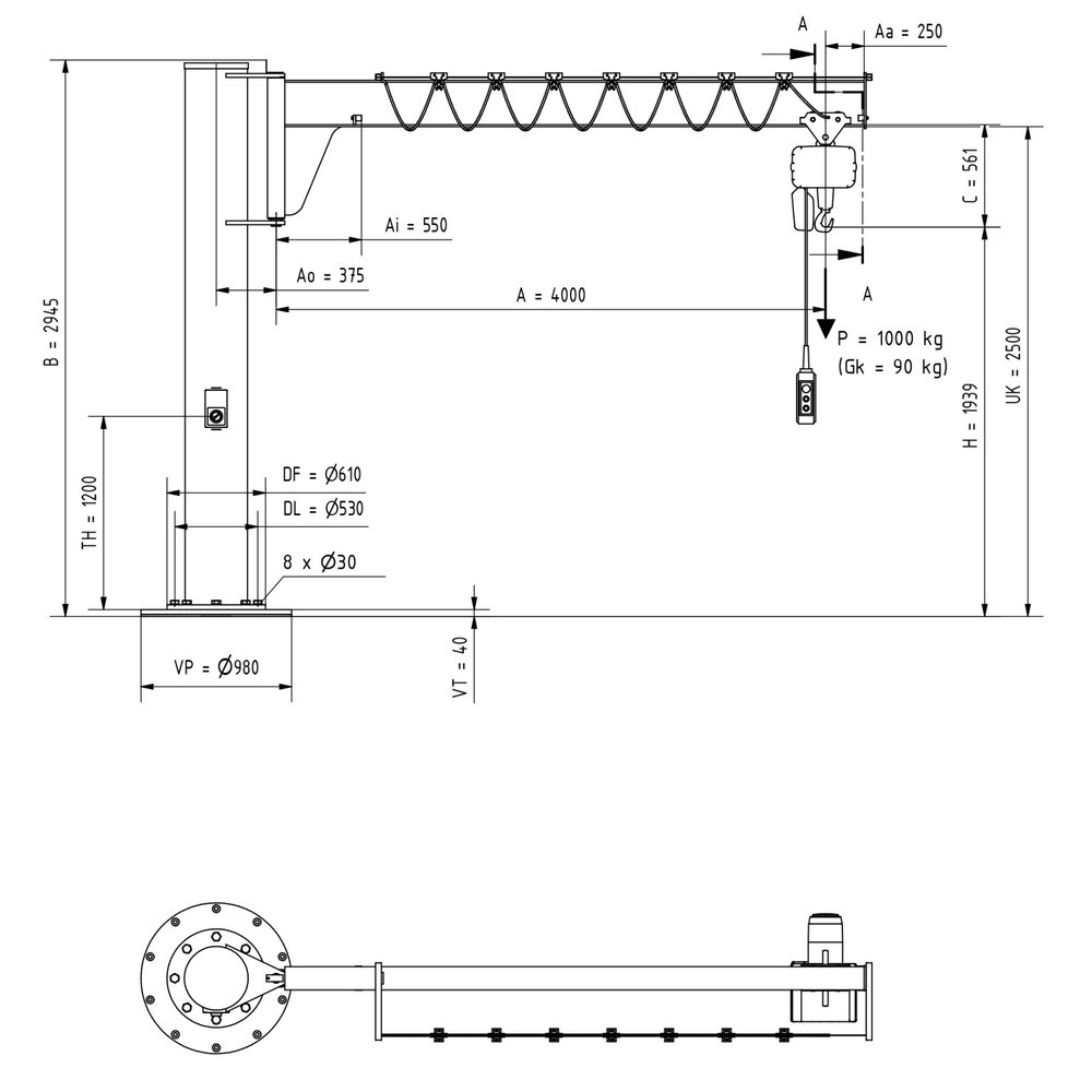 Produktabbildung Nr. 2: VETTER® Schwenkkran inkl. LIFTKET Elektrokettenzug, Säulenausführung, niedrigbauend, inkl. Befestigungsmaterial, Ausladung 4.000 mm, TK 1.000 kg