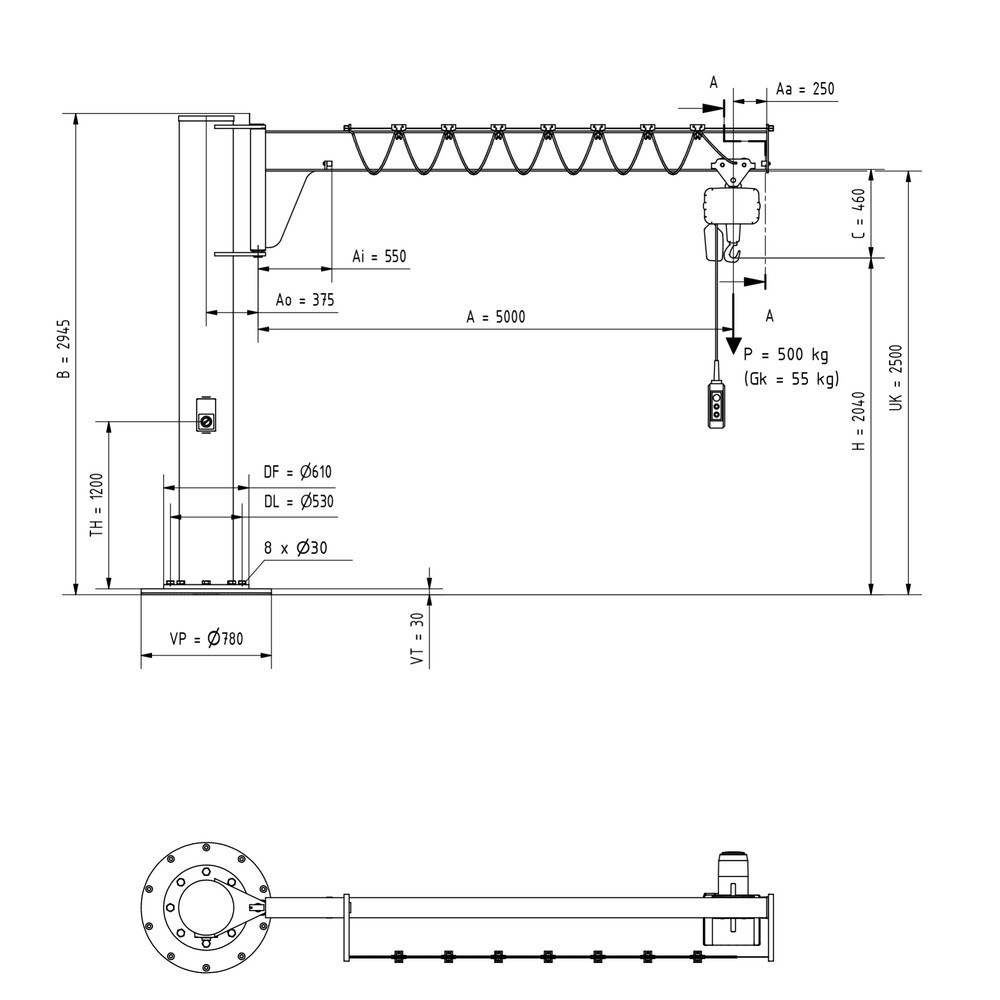 Produktabbildung Nr. 2: VETTER® Schwenkkran inkl. LIFTKET Elektrokettenzug, Säulenausführung, niedrigbauend, inkl. Befestigungsmaterial, Ausladung 5.000 mm, TK 500 kg