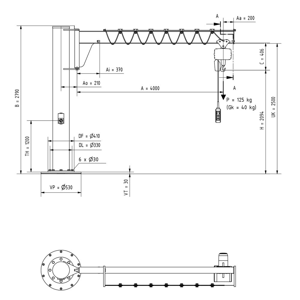 Produktabbildung Nr. 2: VETTER® Schwenkkran inkl. LIFTKET Elektrokettenzug, Säulenausführung, niedrigbauend, inkl. Befestigungsmaterial, Ausladung 4.000 mm, TK 125 kg