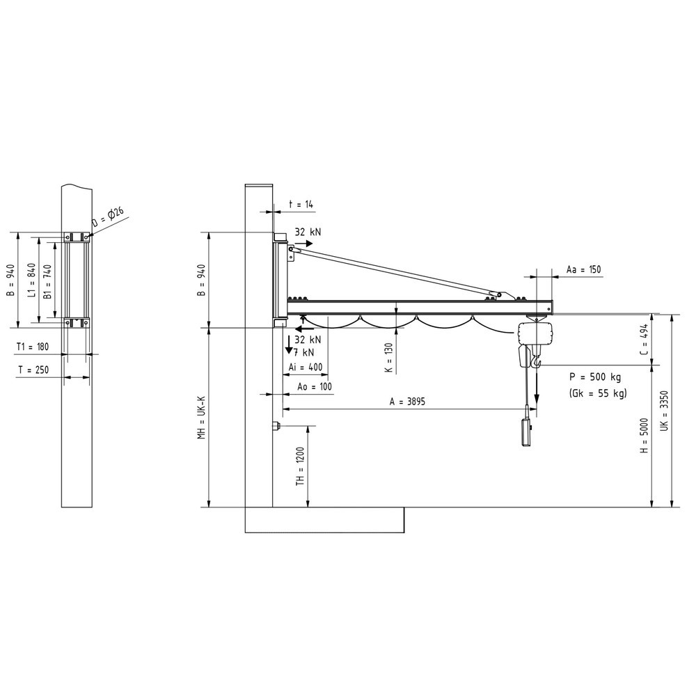 Produktabbildung Nr. 2: VETTER® Schwenkkran inkl. LIFTKET Elektrokettenzug, Wandausführung, Ausladung 3.900 mm, TK 500 kg