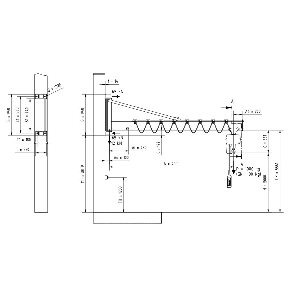 Produktabbildung Nr. 2: VETTER® Schwenkkran inkl. LIFTKET Elektrokettenzug, Wandausführung mit Abspannung, Ausladung 4.000 mm, TK 1.000 kg